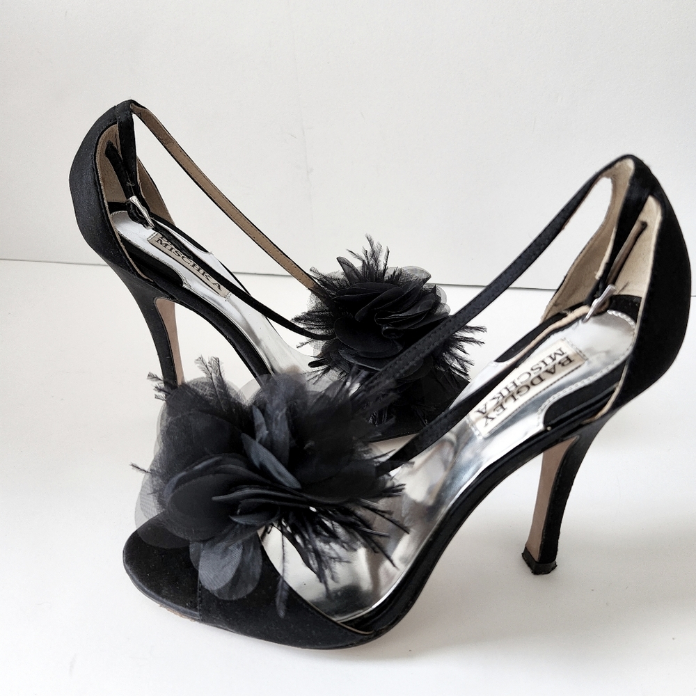 Badgley Mischka Kiwi Black Satin Heels - Picture 2 of 5